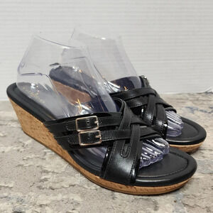 Cole Haan Black Double Buckle Patent Wedge Slide On Sandals size 9.5B
